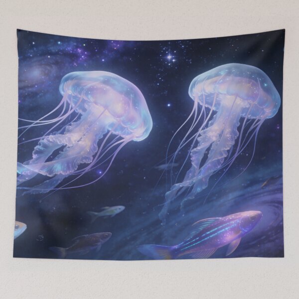 Item preview, Glowing Jellyfish in Galaxy Waters, Ethereal Cosmic Ocean Artwork designed and sold by BlareBlare.