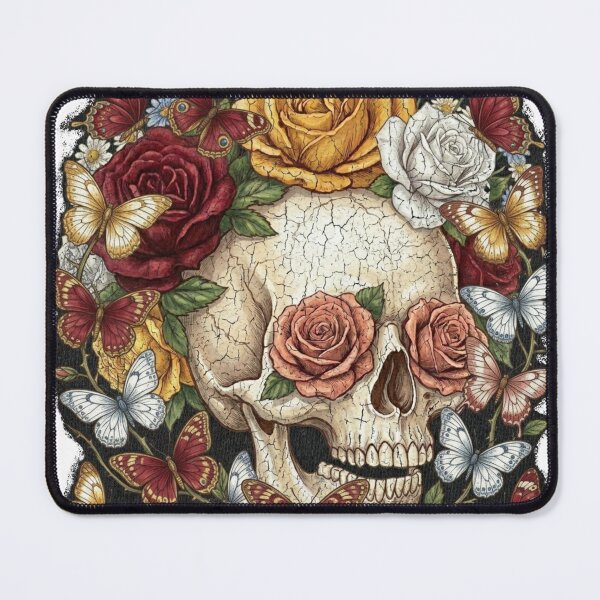 Item preview, Gothic floral skull design, Roses & butterflies Tee designed and sold by Lunevalleyart.