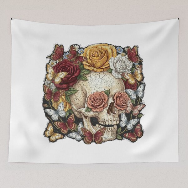 Item preview, Gothic floral skull design, Roses & butterflies Tee designed and sold by Lunevalleyart.