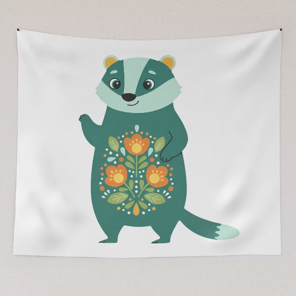 Item preview, Botanical badger with warm teal folk pattern – © heidiannemorris Scandinavian Folk Art designed and sold by FOLK ART FUSION by heidiannemorris.