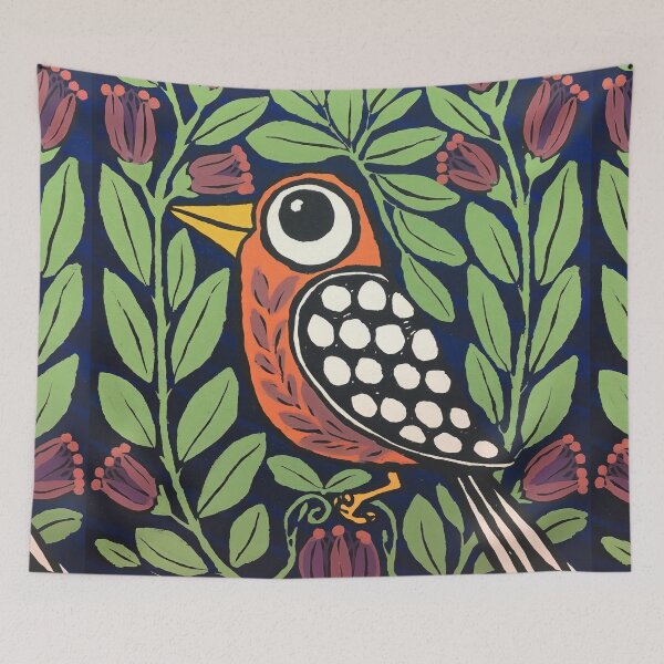 Item preview, Orange Folk Bird Print | Scandinavian Botanical Bird Art designed and sold by Filora Atelier | Bird Art.