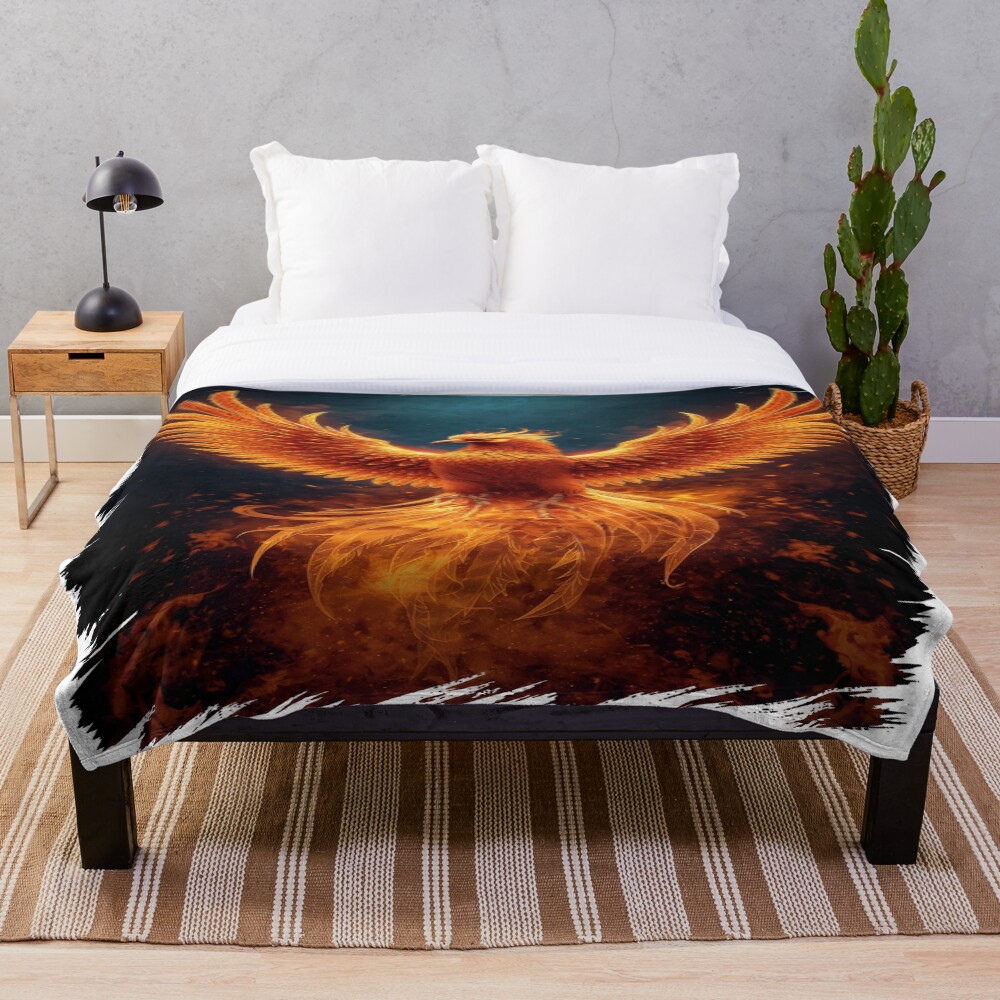 Fiery Phoenix Rising Mythic Firebird Fantasy Art on a throw blanket