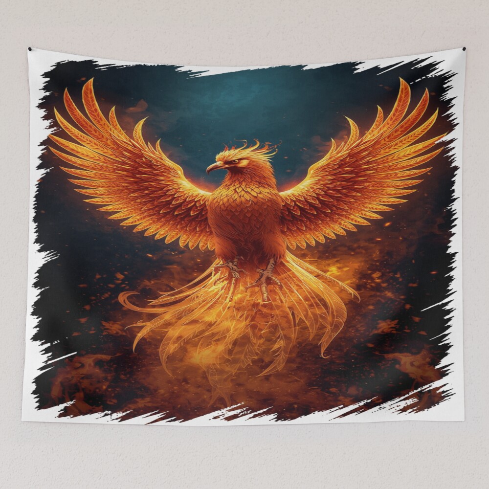 Fiery Phoenix Rising Mythic Firebird Fantasy Art on a tapestry