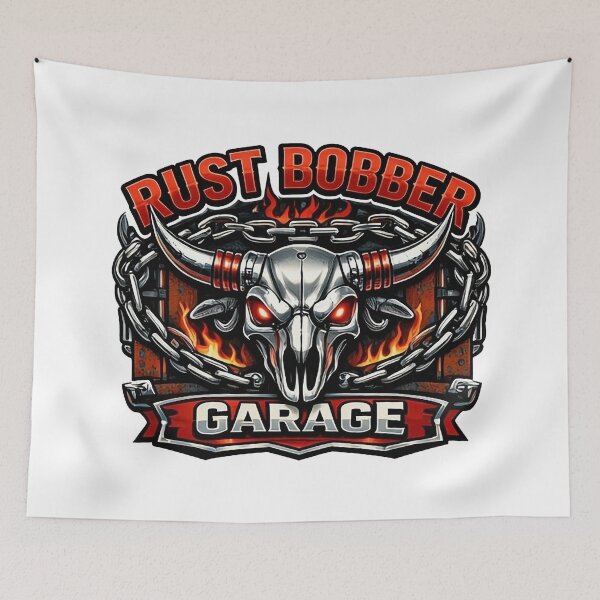 Item preview, Rust Bobber Garage Custom Motorcycle Art - Badass Bull Skull Graphic designed and sold by SasquatchTrail.