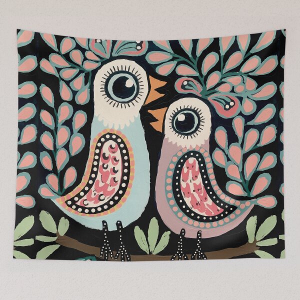 Item preview, Folk Lovebirds Art Print  designed and sold by Filora Atelier | Bird Art.