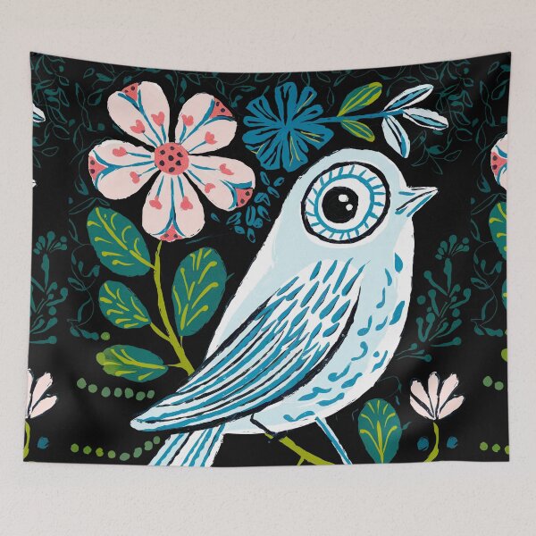 Item preview, Blue Botanical Bird Print | Folk Art Bird  designed and sold by Filora Atelier | Bird Art.