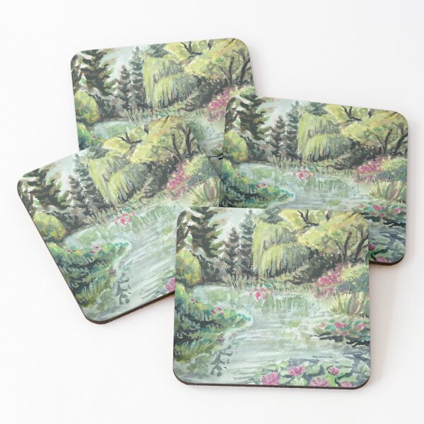 Item preview, hand painted lily pad pond landscape designed and sold by HibiscusHeron.