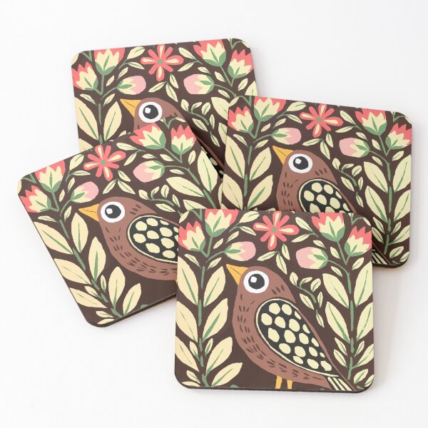 Item preview, Brown Folk Bird Print | Floral Botanical Bird Art designed and sold by Filora Atelier | Bird Art.