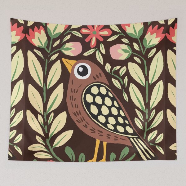 Item preview, Brown Folk Bird Print | Floral Botanical Bird Art designed and sold by Filora Atelier | Bird Art.