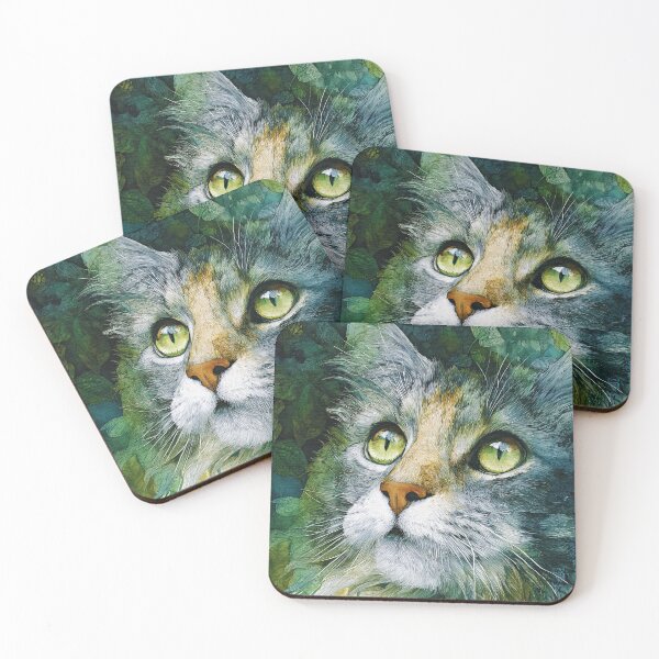 Item preview, Watercolor Forest Cat Portrait with Green Leafy Background designed and sold by RyanPhamDesigns.
