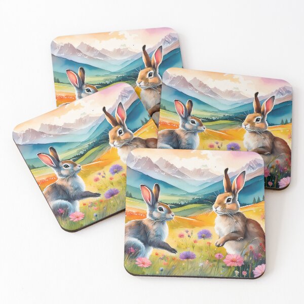 Item preview, Cute Bunnies in Flower Field Watercolor – Rabbit Pair, Mountain Landscape, Floral Meadow Art, Nursery Decor, Cottagecore designed and sold by Wildflower Mama Designs.