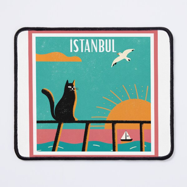 Item preview, Istanbul Sunset Cat Illustration – Retro Travel Poster Style, Cute Black Cat Bosphorus Art Print designed and sold by asliberry.