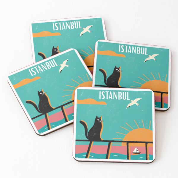 Item preview, Istanbul Sunset Cat Illustration – Retro Travel Poster Style, Cute Black Cat Bosphorus Art Print designed and sold by asliberry.
