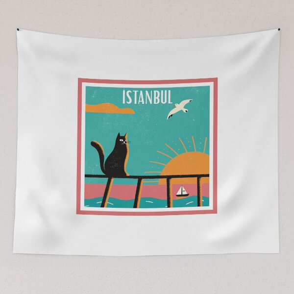 Item preview, Istanbul Sunset Cat Illustration – Retro Travel Poster Style, Cute Black Cat Bosphorus Art Print designed and sold by asliberry.
