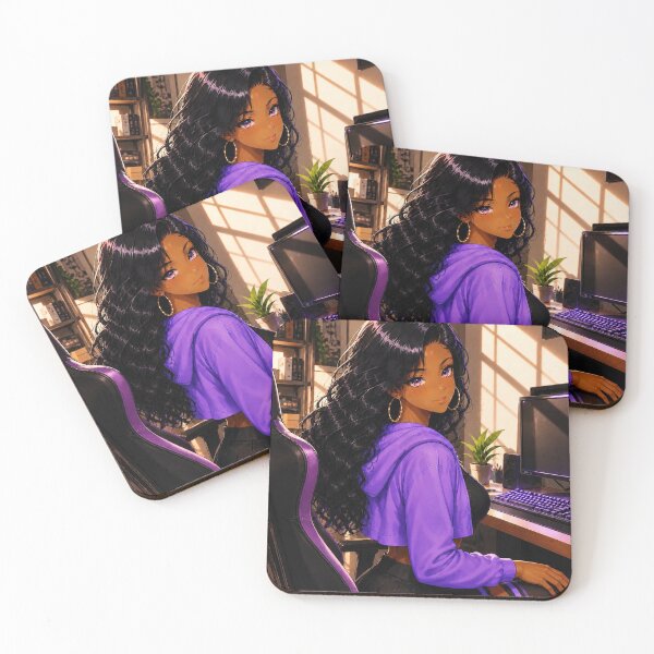 Item preview, Cozy Gamer Black Anime Girl – Purple Glow Art Print designed and sold by Sunset Deck Studio.