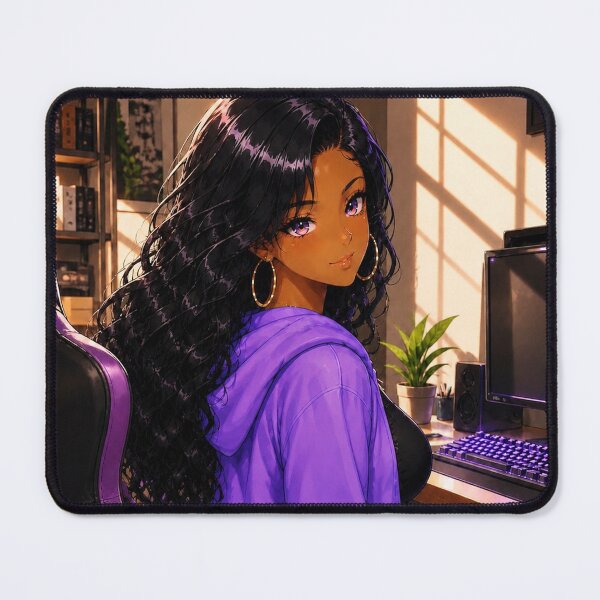 Item preview, Cozy Gamer Black Anime Girl – Purple Glow Art Print designed and sold by Sunset Deck Studio.