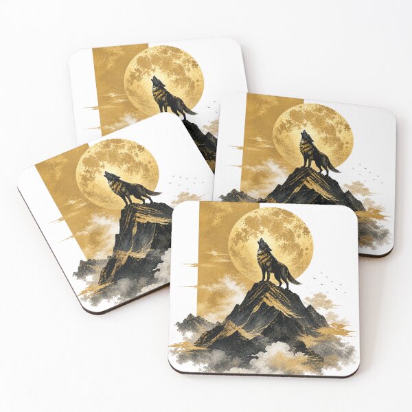 Item preview, Majestic Howling Wolf Golden Moon – Mountain Peak Nature Art designed and sold by KireaDesigns.