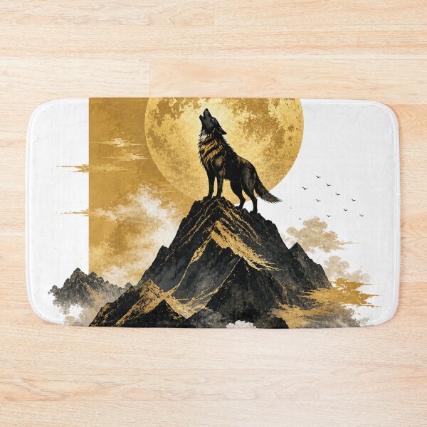 Item preview, Majestic Howling Wolf Golden Moon – Mountain Peak Nature Art designed and sold by KireaDesigns.