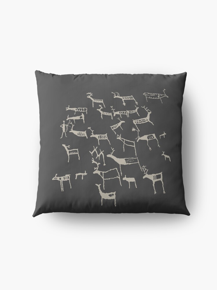 Alternate view of Petroglyph REAL Europe Reindeer rock art Bolareinen Norway Norse Celts Vikings pagan european ancestors rock carving Eggja stone on black background HD HIGH QUALITY Floor Pillow