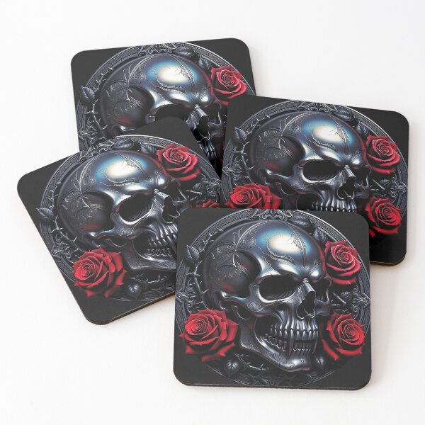 Item preview, Metallic Skull with Gothic Red Roses designed and sold by Bluesax.