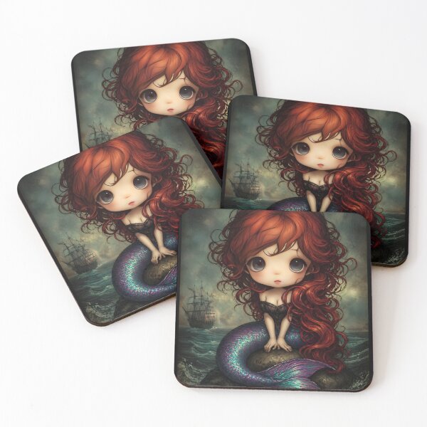 Item preview, Grimm Chibi Little Mermaid on Rock – Dark Ocean Fairytale Gothic Art designed and sold by InkAndGloom.