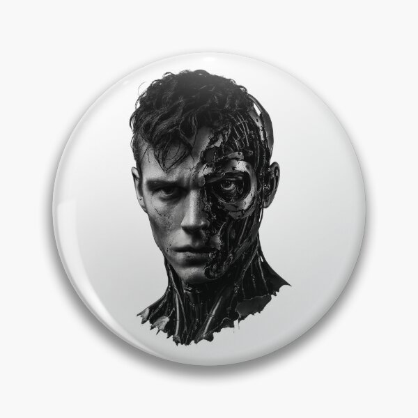 Item preview, Dramatic Bionic Head – Monochrome Cyberpunk Half Human Half Machine Portrait designed and sold by Alpha-mike13.