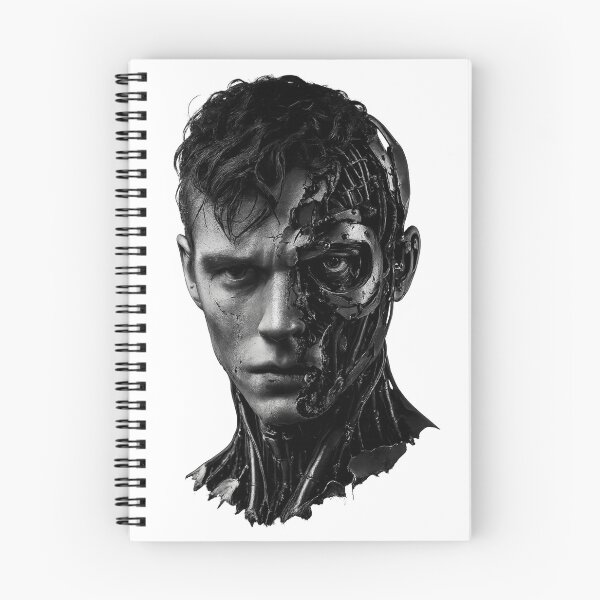 Item preview, Dramatic Bionic Head – Monochrome Cyberpunk Half Human Half Machine Portrait designed and sold by Alpha-mike13.