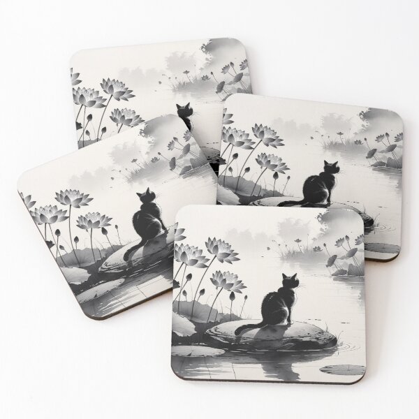 Item preview, Zen Cat by Lotus Pond – Minimal Ink Wash Illustration designed and sold by LEO'S CREATURE　れおずくりーちゃー.