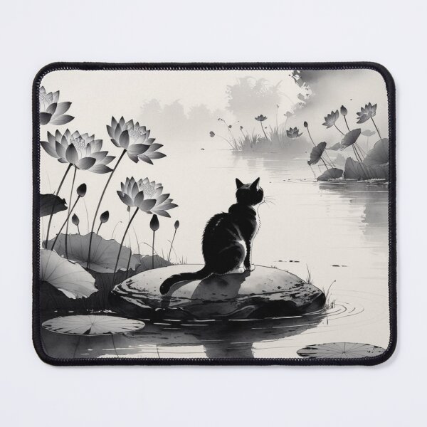 Item preview, Zen Cat by Lotus Pond – Minimal Ink Wash Illustration designed and sold by LEO'S CREATURE れおずくりーちゃー.