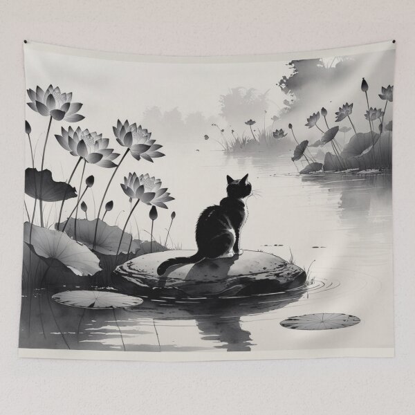 Item preview, Zen Cat by Lotus Pond – Minimal Ink Wash Illustration designed and sold by LEO'S CREATURE　れおずくりーちゃー.