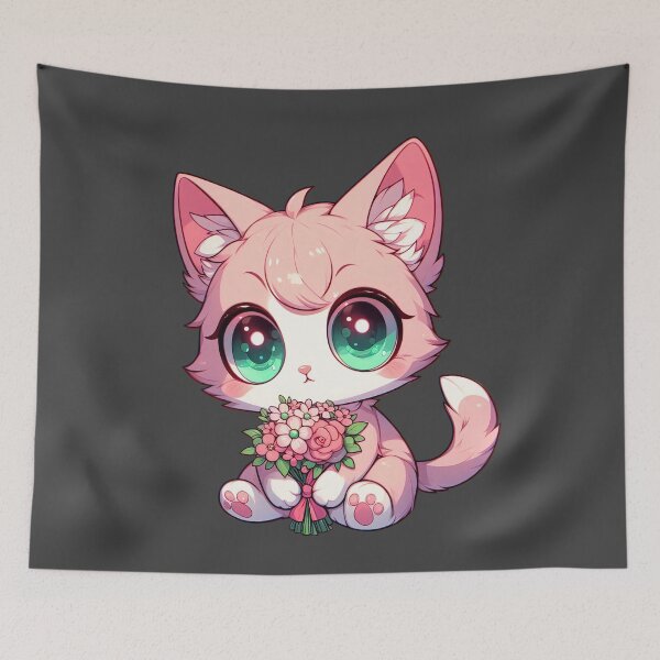 Item preview, Cute Pink Kitty with Flowers – Kawaii Anime Cat designed and sold by SweetLilith.