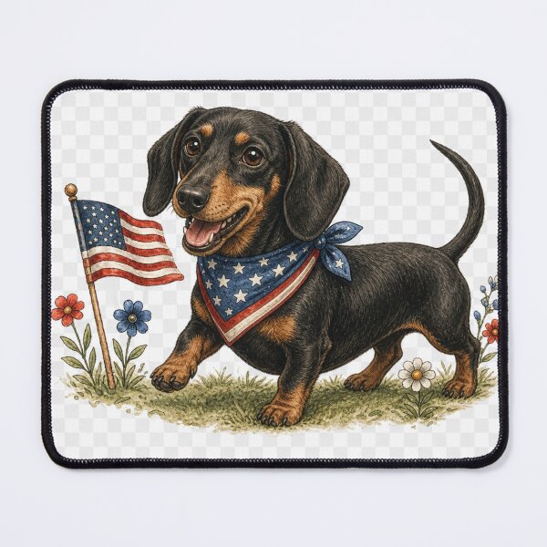 Item preview, Firecracker Doxie - Patriotic Dachshund with American Flag Bandana designed and sold by pennyspatches.
