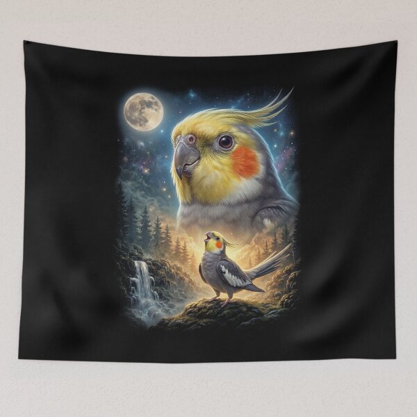 Aperçu de l'œuvre Drôle de cockatiel hurlant à la lune, art pour les amoureux des perroquets créée et vendue par DoodleTortle.
