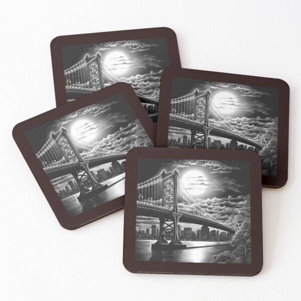 Item preview, Moonlit Suspension Bridge Cityscape Black and White Art designed and sold by inkoutninja.