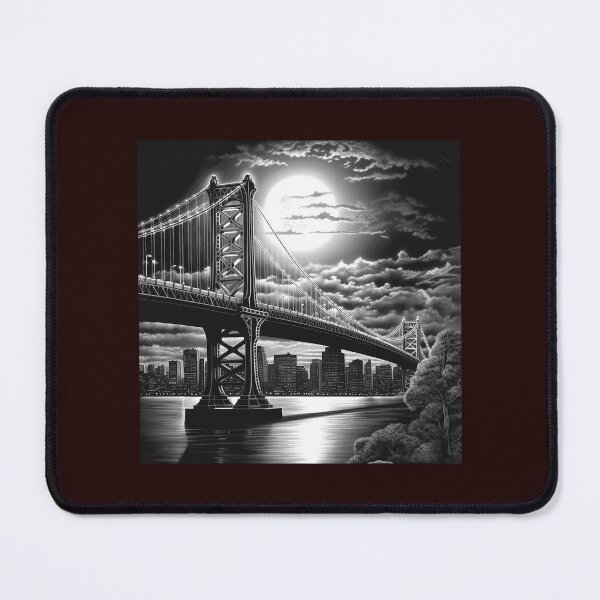 Item preview, Moonlit Suspension Bridge Cityscape Black and White Art designed and sold by inkoutninja.