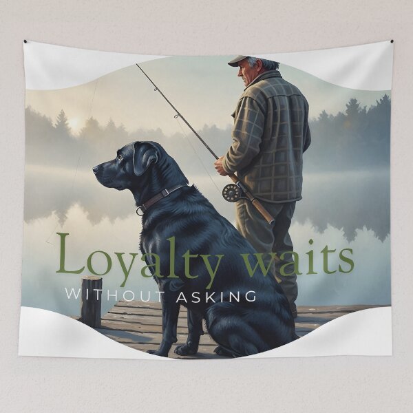 Item preview, Loyalty Waits: Black Labrador and Fisherman at the Lake designed and sold by InfinitePawBond.