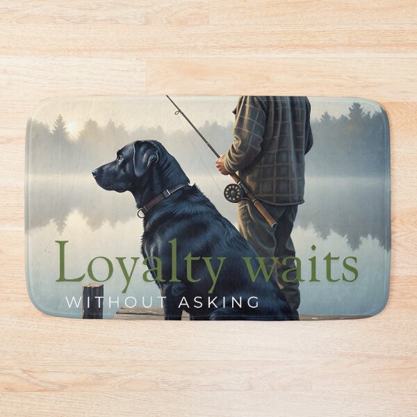 Item preview, Loyalty Waits: Black Labrador and Fisherman at the Lake designed and sold by InfinitePawBond.