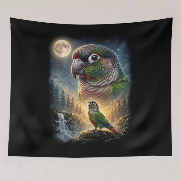 Item preview, Funny Green Cheek Conure Howling Moon Art Parrot Lover designed and sold by DoodleTortle.