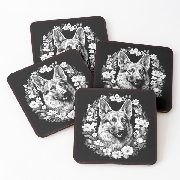 Item preview, German Shepherd Floral Wreath Black and White Art designed and sold by inkoutninja.