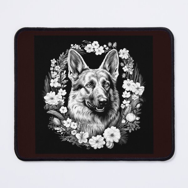 Item preview, German Shepherd Floral Wreath Black and White Art designed and sold by inkoutninja.