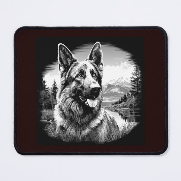 Item preview, German Shepherd Mountain Lake Black and White Art designed and sold by inkoutninja.