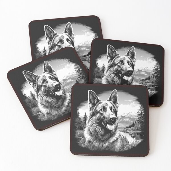 Item preview, German Shepherd Mountain Lake Black and White Art designed and sold by inkoutninja.