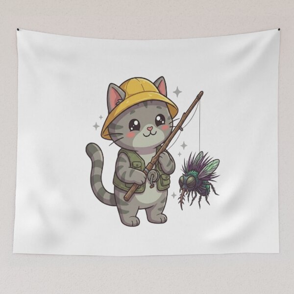 Item preview, Cute Fisherman Cat Catching Fly designed and sold by Ella_Sketch.