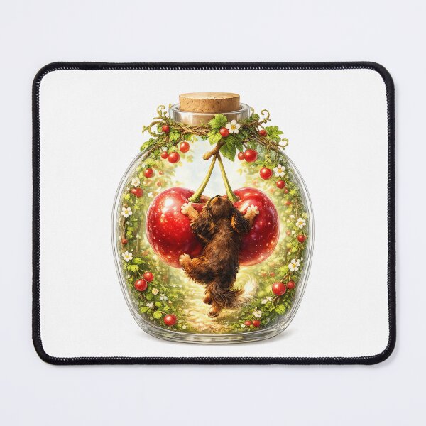 Item preview, Ruby Cavalier King Charles Spaniel with Cherries in Glass Bottle – Cute Dog Watercolor Fantasy Illustration designed and sold by SakuraWaStyle.