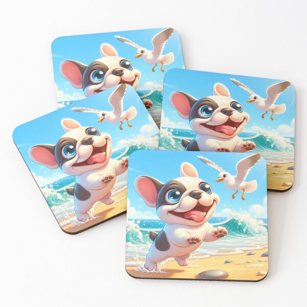 Item preview, Cute French Bulldog Chasing Seagulls Cartoon designed and sold by CuteThingsWorld.