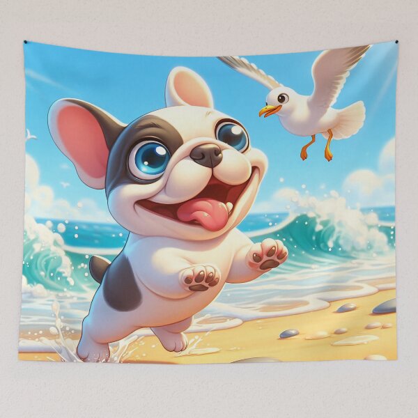 Item preview, Cute French Bulldog Chasing Seagulls Cartoon designed and sold by CuteThingsWorld.