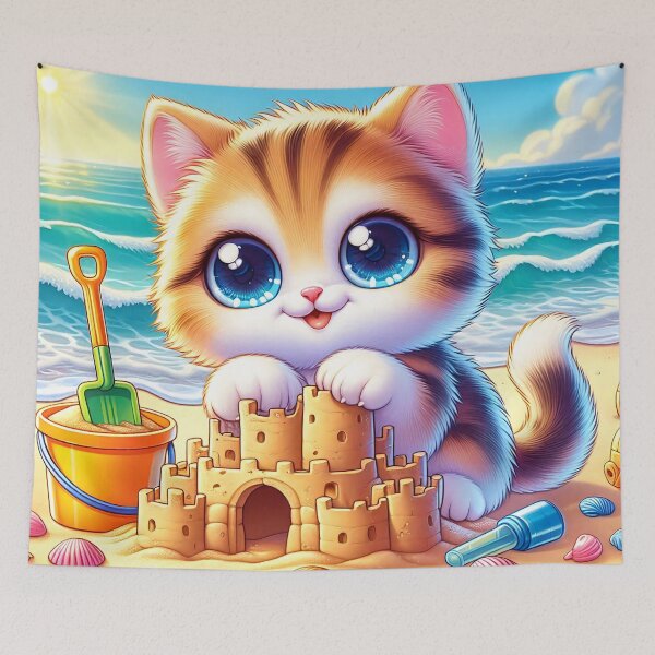Item preview, Cute Kitten Sandcastle Beach Cartoon designed and sold by CuteThingsWorld.