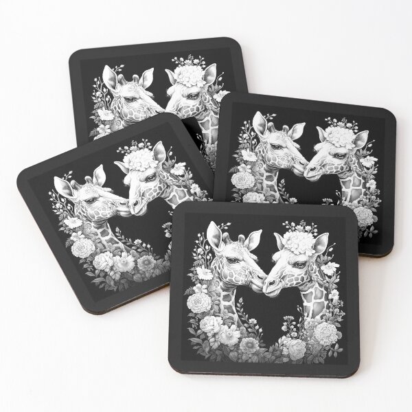 Item preview, Romantic Giraffe Couple Floral Black and White Art designed and sold by inkoutninja.