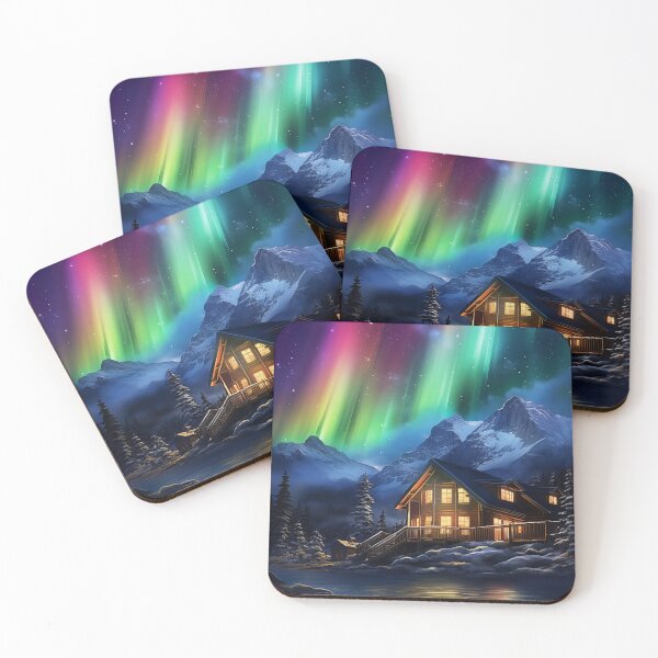 Item preview, Cabin in the mountains in winter, northern lights designed and sold by GiriaGallery.