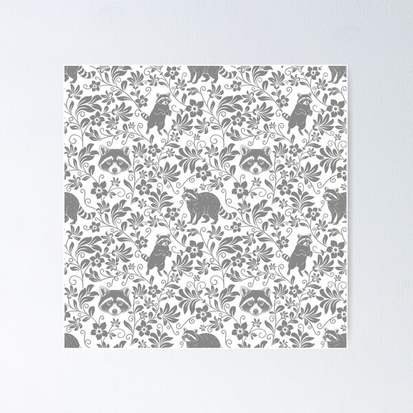 Item preview, Raccoon Floral Pattern | Cute Woodland Animal Aesthetic in Grey designed and sold by WildLakePatterns.